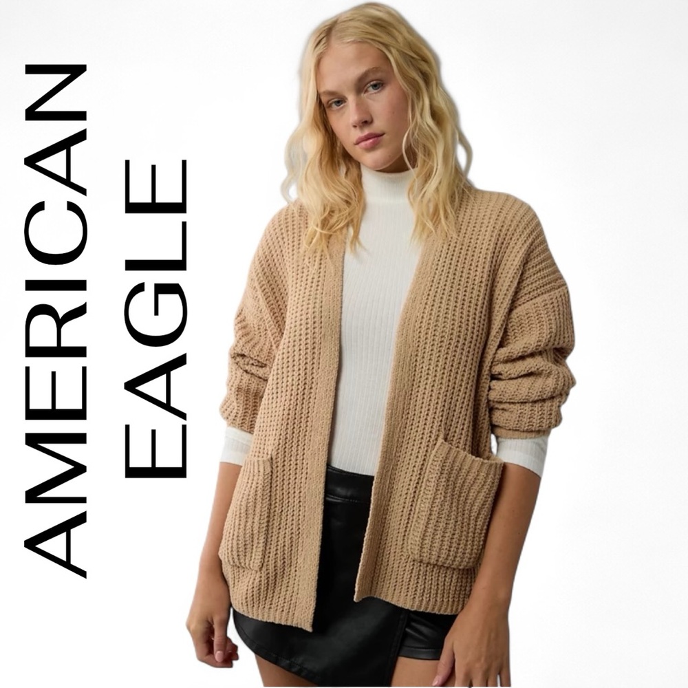 AMERICAN EAGLE AE Open Front Sweater Cardigan with Pockets Size Medium Camel NEW